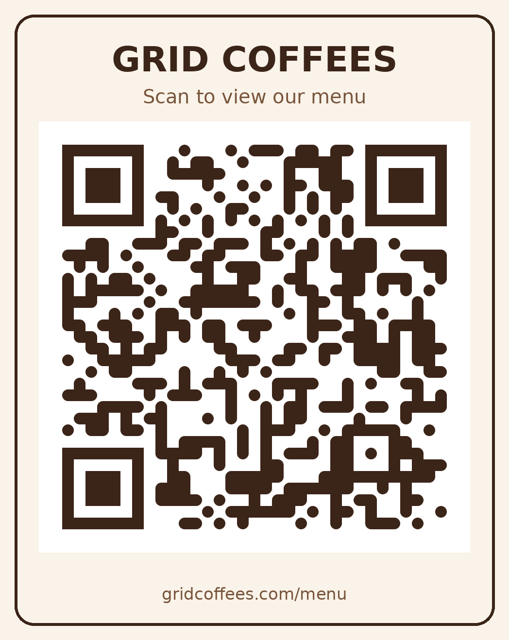GRID Coffees menu card with a QR code to scan or visit gridcoffees.com/menu